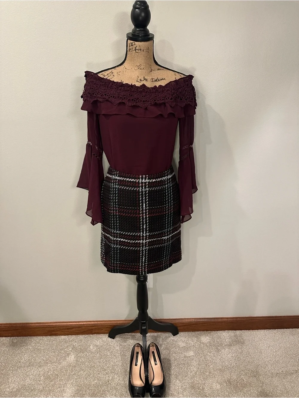 White House Black Market Black Plaid Tweed Boot Skirt with Burgundy Accents